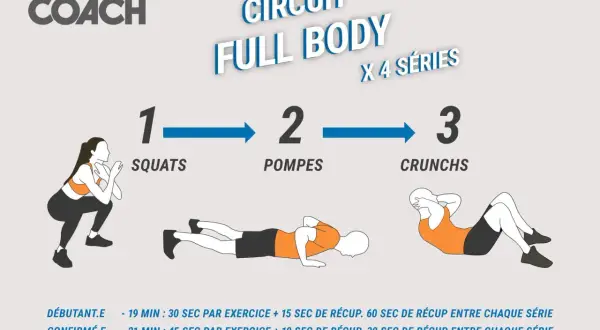 Programme sport maison gratuit : circuit full body avec squats, pompes et crunchs. Idéal pour rester en forme chez soi.