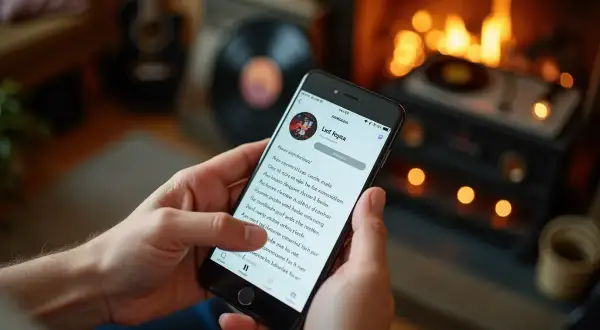 Ręce trzymają smartfon z tekstem piosenki "Linif Rogica". W tle kominek i gramofon. Co to za hit!