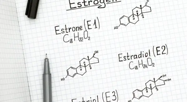 Zapiski o estrogenach: estrone, estradiol i estriol. Widoczne wzory chemiczne i formuły.