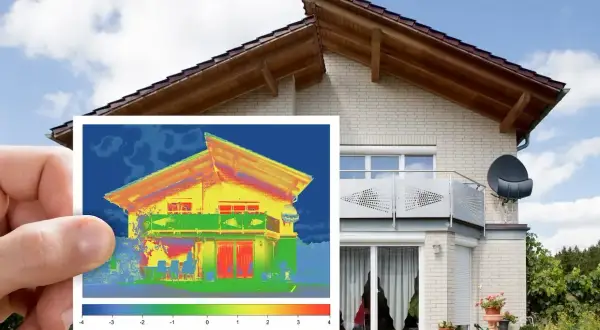 Une image thermique d'une maison révèle des zones de chaleur intense, indiquant un **pont thermique** potentiel.