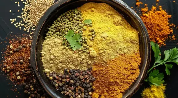 En skål med olika kryddor, inklusive en blandning för masala krydda. Korianderfrön, pepparkorn och gurkmeja syns också.