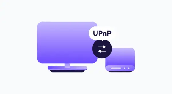 Ilustracja pokazuje komputer i router, symbolizujące komunikację sieciową. Etykieta "UPnP co to" sugeruje wyjaśnienie tej technologii.