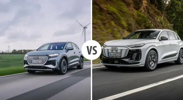 Dwa modele Audi e-tron: szary SUV na tle wiatraków i biały SUV na krętej drodze.