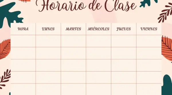 Horario de clase para imprimir con diseño otoñal. Organiza tus semanas fácilmente.