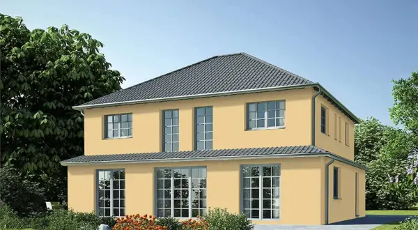 Sonnengelbe Hausfassade mit großen Fenstern, umgeben von Grün. Tolle Hausfassade Farbe Ideen für ein helles Zuhause.