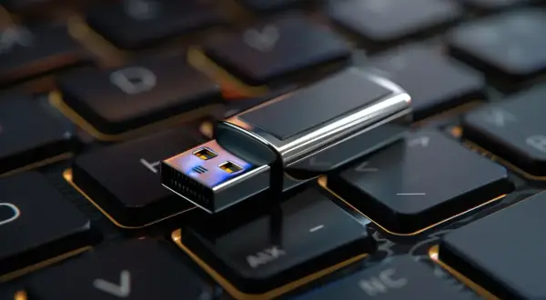 Pendrive leżący na klawiaturze komputera.