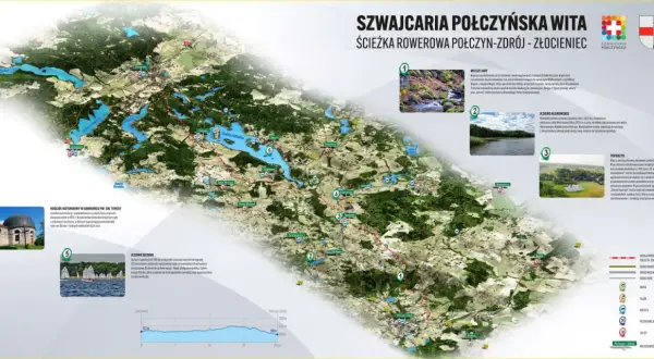 Mapa "Szwajcaria Połczyńska" przedstawia trasę rowerową Połczyn-Zdrój - Złocieniec, z zaznaczonymi atrakcjami i profilami terenu.