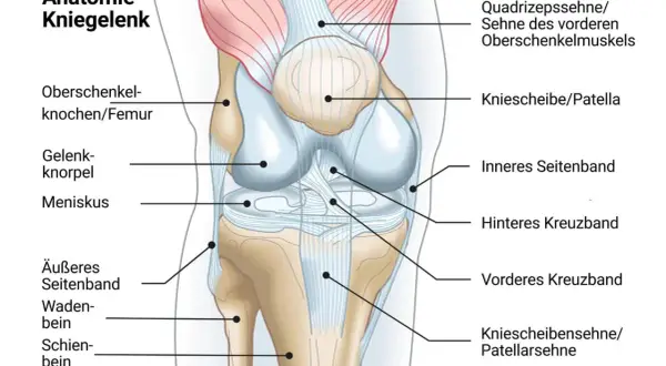 Anatomie des Kniegelenks: Femur, Patella, Kreuzbänder, Seitenbänder. Mögliche Ursachen für Schmerzen Knie Innenseite ohne Schwellung.