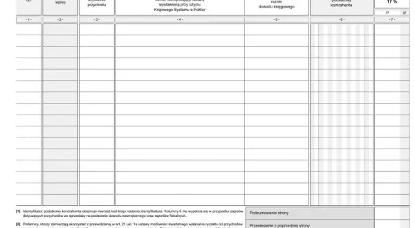 Formularz do ewidencji przychodów ryczałt. Zawiera kolumny na dane kontrahenta, numer faktury, kwotę podatku 17% i inne.