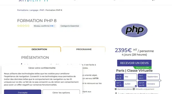 Formation PHP 8, avec le logo PHP. Apprenez le langage de programmation pour le web.