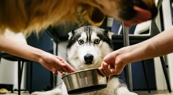 Husky z niebieskimi oczami dostaje miskę z jedzeniem, gdy ma biegunkę. Co dla psa na biegunkę?