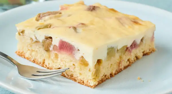 Ein Stück Rhabarberkuchen mit Pudding, saftig und lecker, wartet auf dich.