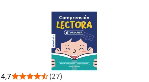 Libro de **comprensión lectora** para 6º de primaria. Un niño feliz lee un libro abierto, con "abc" en un bocadillo.