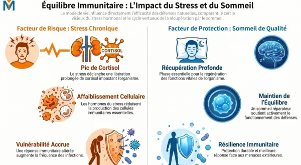 Le stress chronique augmente le cortisol, affaiblissant le système immunitaire. Le sommeil de qualité favorise la régulation hormonale et la résilience.
