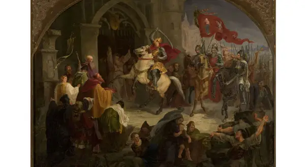 Rycerz na białym koniu z mieczem wzniesionym ku górze, witany przez tłum. Obraz symbolizuje moment, kiedy powstała Polska.