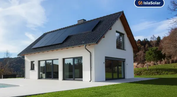 Casa moderna con placas solares en el tejado, ideal para sustituir uralita y generar energía limpia.