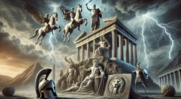 Gudar i mytologin, med Zeus tronande över ett tempel, medan bevingade hästar flyger genom ett åskväder.