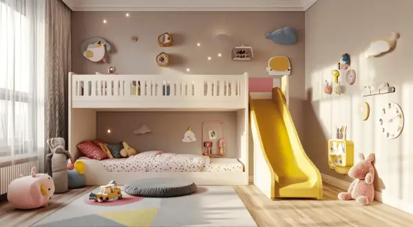 Ein Kinderzimmer mit Hochbett, Rutsche und Spielzeug. Perfekt, um ein Zimmer mit Hochbett einzurichten und Spaß zu haben.