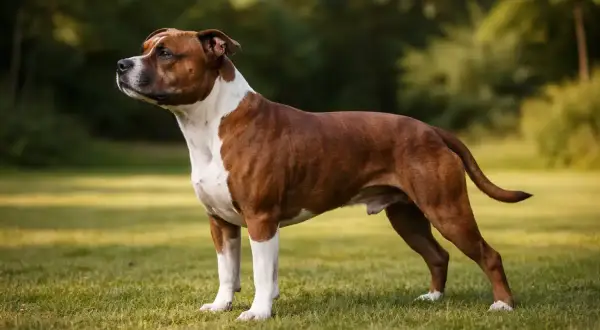 Ein stattlicher Staffordshire Bullterrier steht auf einer sonnigen Wiese, sein braun-weißes Fell leuchtet im Licht.