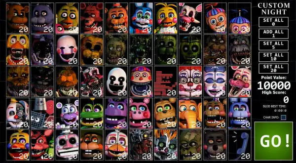 Wybór postaci do gry fnaf 7. Na ekranie Custom Night widzimy wiele animatroników, każdy z ustawionym poziomem trudności 20.
