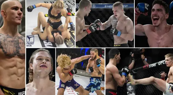 Kollage med MMA-fighters i action. En kvinna i topp och shorts på marken, två män i handskar som slåss, en man som jublar, och två män i en bur. Det här är verkligen best of mma.