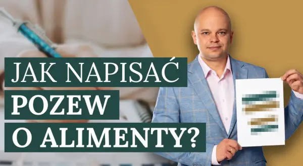 Profesjonalny pozew o alimenty: mężczyzna w garniturze prezentuje dokument z tekstem "Jak napisać pozew o alimenty?".