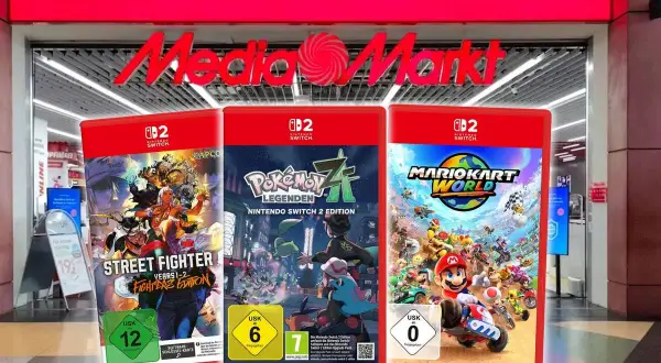 Drei Nintendo Switch 2 Spiele: Street Fighter, Pokémon Legenden und Mario Kart World, präsentiert vor einem MediaMarkt.