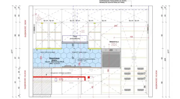 Projekt techniczny kuchni, ile egzemplarzy potrzebujesz? Widok z góry z wymiarami, okapem, mikrofalą i szufladami.
