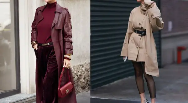 Eleganckie jesienne outfity: bordowy płaszcz i sztruksowe spodnie obok beżowego trencza i siateczkowych rajstop.
