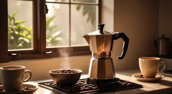 En moka-bryggare i koppar, ångande kaffebönor i en skål och en kopp kaffe. Perfekt för en lugn morgon med **pour over**.