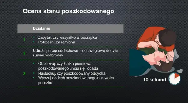 Ratownik sprawdza oddech poszkodowanego, by wykluczyć migotanie komór. Czas: 10 sekund.