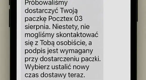 Oszustwo typu smishing: SMS o niedostarczonej paczce Pocztex z linkiem do zmiany terminu odbioru. Uważaj na podejrzane wiadomości!