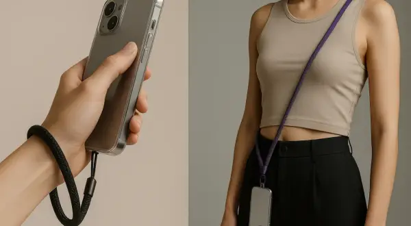 Comment mettre un bracelet de téléphone : une main tient un iPhone avec un bracelet noir au poignet, une femme porte un téléphone en bandoulière avec un cordon violet.