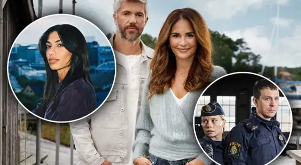 Här är en bild med skådespelare från svenska serier. En kvinna i cirkel, ett par i mitten och två poliser i en annan cirkel.