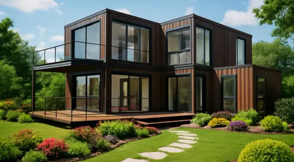 Moderna casa construida en un container, con amplios ventanales y balcón, rodeada de un jardín verde y flores.