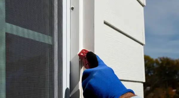 A gloved hand uses a red tool to smooth caulk along a window frame, demonstrating how to caulk windows for a weather-tight seal.