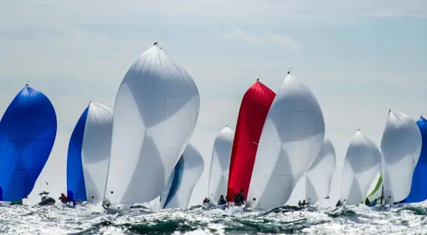 Regata con vele gonfie, bianche, blu e rosse. Le barche della j class solcano le onde agitate in una competizione avvincente.