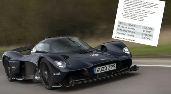 Niebieski Aston Martin Valkyrie pędzi po drodze, obok dokument z cennikiem serwisów.