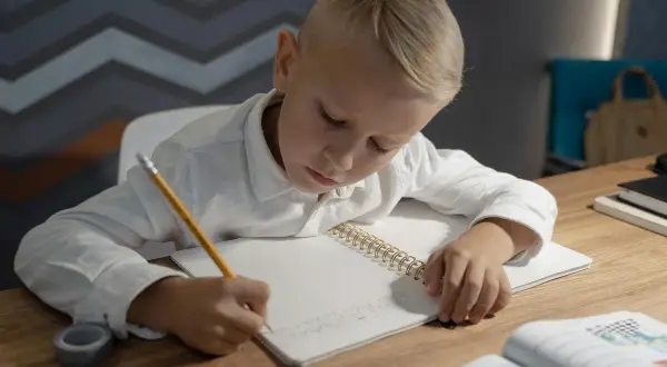 Niño rubio concentrado escribiendo en su cuaderno, practicando el dictado 4 primaria.