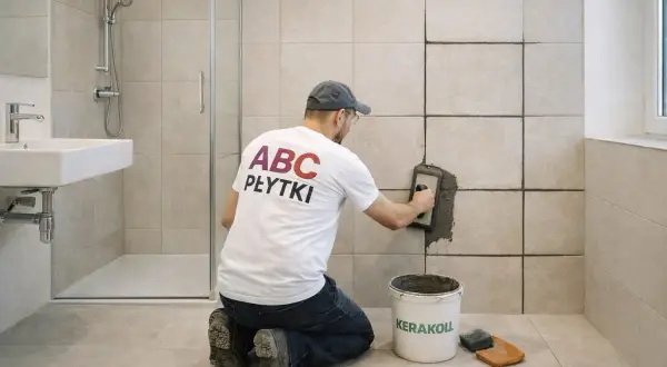 Fachowiec w koszulce "ABC PŁYTKI" wykonuje wymianę fugi w płytkach łazienkowych, używając kielni. Obok stoi wiadro z zaprawą.