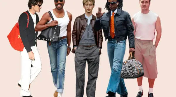 Fünf Männer präsentieren unterschiedliche **clothing styles**: von lässig mit Jeans und Cardigan bis schick mit Lederjacke und Krawatte.