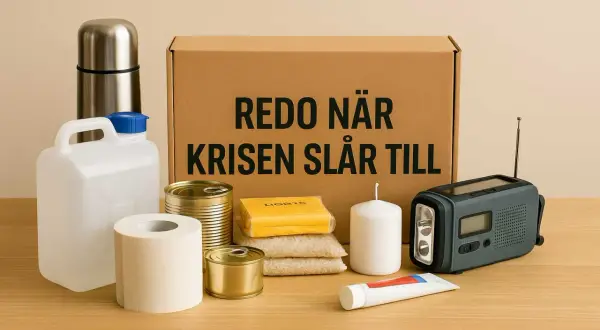 En låda med förnödenheter för en bug out-situation: konserver, ris, vattenbehållare, toalettpapper, ljus, en vevradio med ficklampa och en tub.