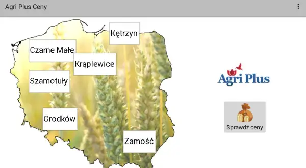 Mapa Polski z zaznaczonymi lokalizacjami i logo Agri Plus. Sprawdź agri plus cennik dla Kętrzyna, Czarnego Małego, Krąplewic, Szamotuł, Grodkowa i Zamościa.