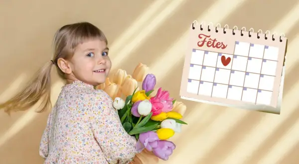 Une petite fille souriante tient un bouquet de tulipes colorées. À côté, un calendrier indique "Fêtes", peut-être pour célébrer son prénom ou une fête nationale.