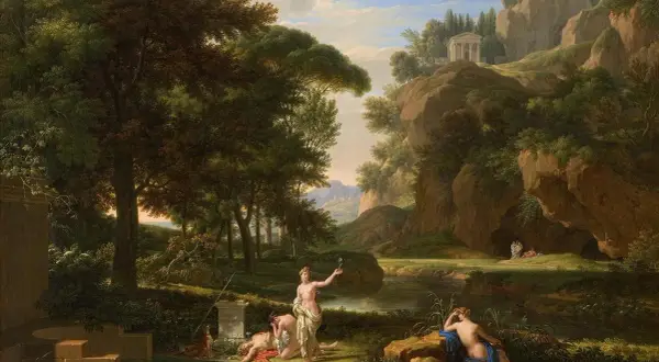 A classical landscape painting depicts figures by a stream, with one gazing into the water, perhaps inspired by the myth of Narcissus.