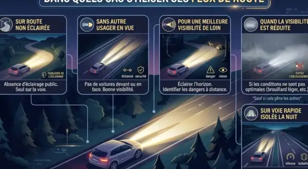 Guide sur l'utilisation des feux de route : sur route non éclairée, sans autre usager, pour meilleure visibilité, quand la visibilité est réduite, et sur voie rapide isolée la nuit.