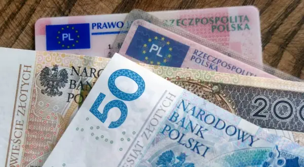 Polskie prawo jazdy i banknoty 50 zł, 200 zł. Dokumenty i pieniądze, które mogą być potrzebne do podróży, zgodnie z 180a kk.