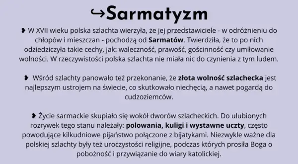 Strzałka i tekst "Sarmatyzm" na jasnoszarym tle.
