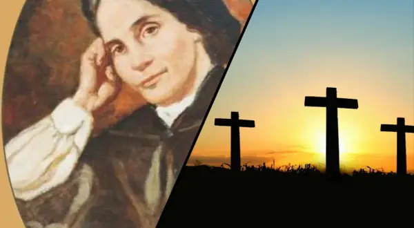 Wanda Malczewska, wizjonerka, której przepowiednie dla Polski niosą nadzieję i ostrzeżenie. Trzy krzyże na tle zachodzącego słońca symbolizują trudną drogę narodu.