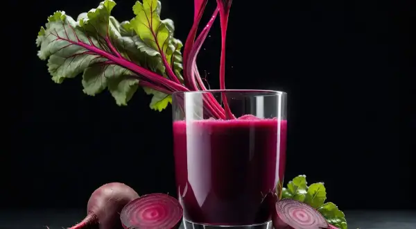 Szklanka z buraczanym sokiem, obok buraki i liście. Czy zakwas z buraków można pasteryzować?